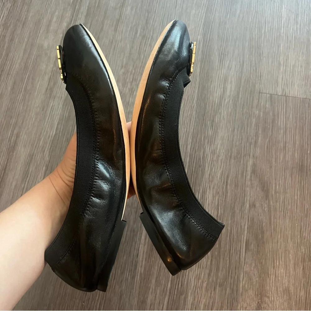 Tory Burch Black Leather Claire Elastic Flat with Gold Emblem never worn